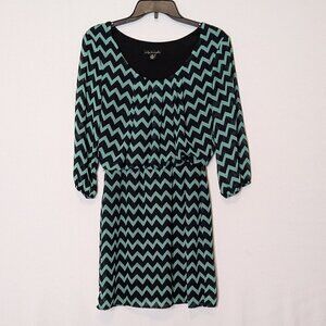 CITY TRIANGLES, Navy/Teal Chevron Stripe Short Blouson Sheath Dress; Size M